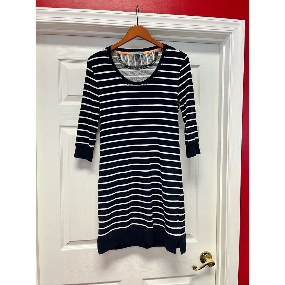 C & C California Navy & White Stripes 3/4 Sleeve Sweatshirt Dress sz S EUC